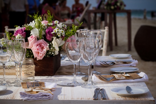 Destination Wedding Reception Table Setup, Floral Centerpieces, Beach Wedding