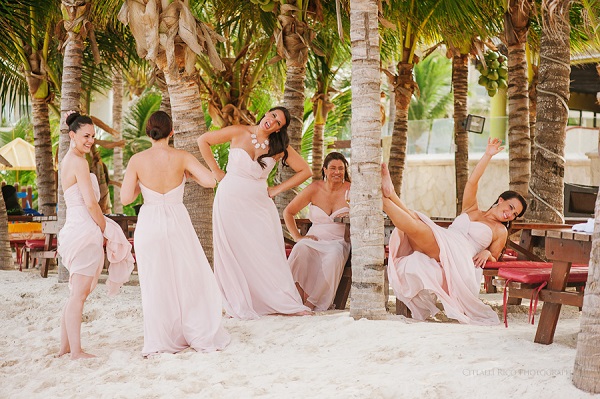 bridesmaids in blush hanging out