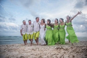 Green Bridesmaids dresses on beach