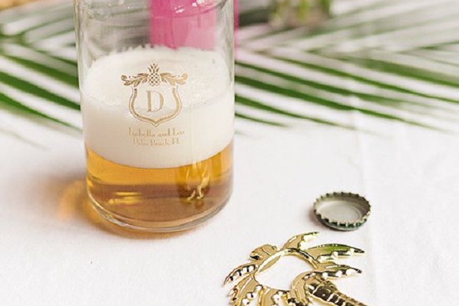 Personalized Wedding Glass and Palm Tree Bottle Opener